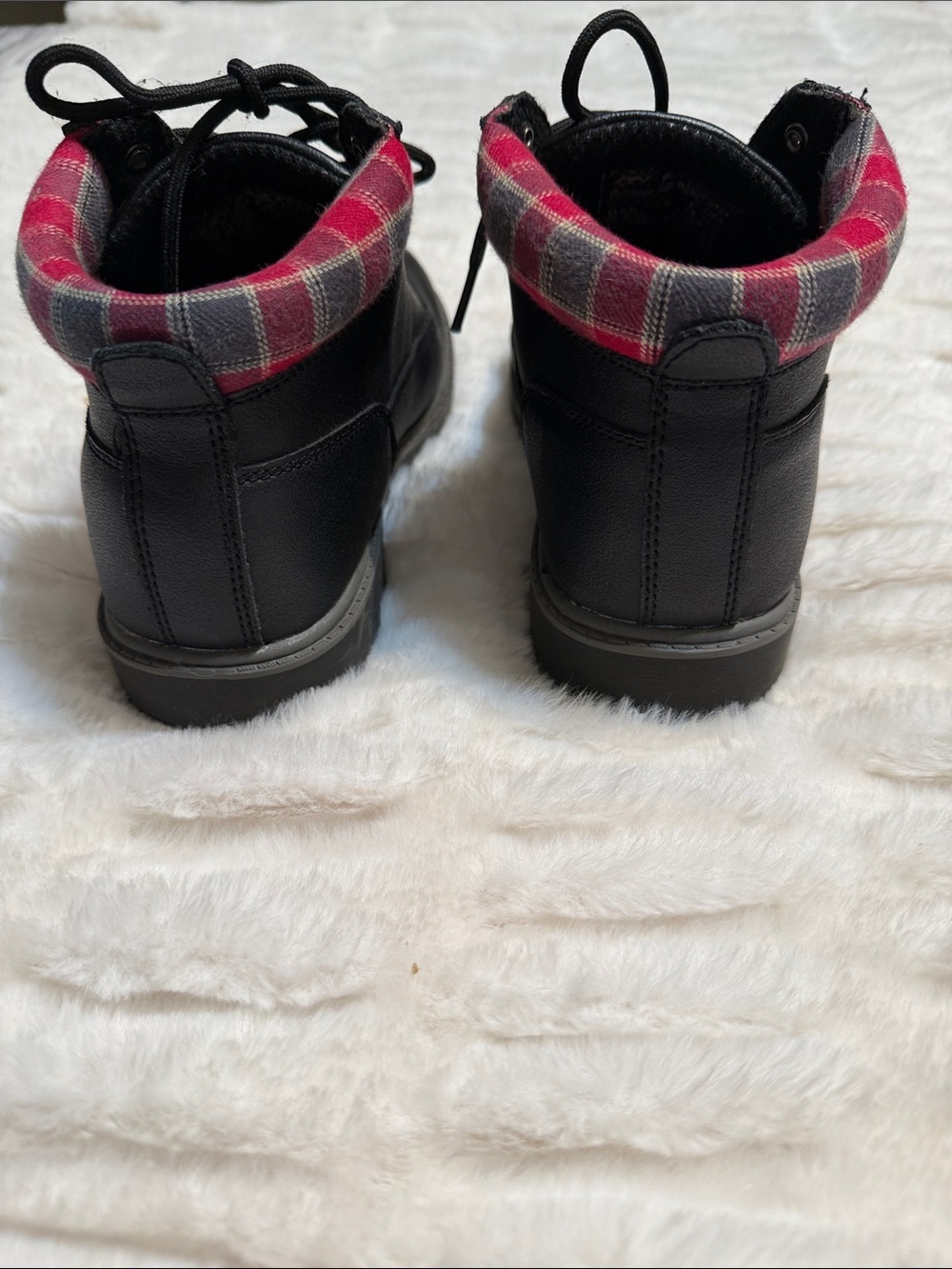 Ladies Black Lace-Up Ankle Boots with Red Plaid Collar - Picture 3 of 5